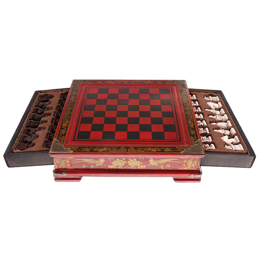 Antique Style Chess Set -  Inch Dark Red Board & Soldier Shape Chessman, Built