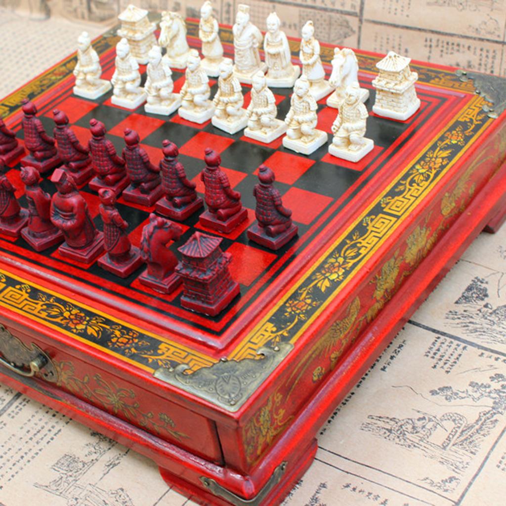 Antique Style Chess Set -  Inch Dark Red Board & Soldier Shape Chessman, Built